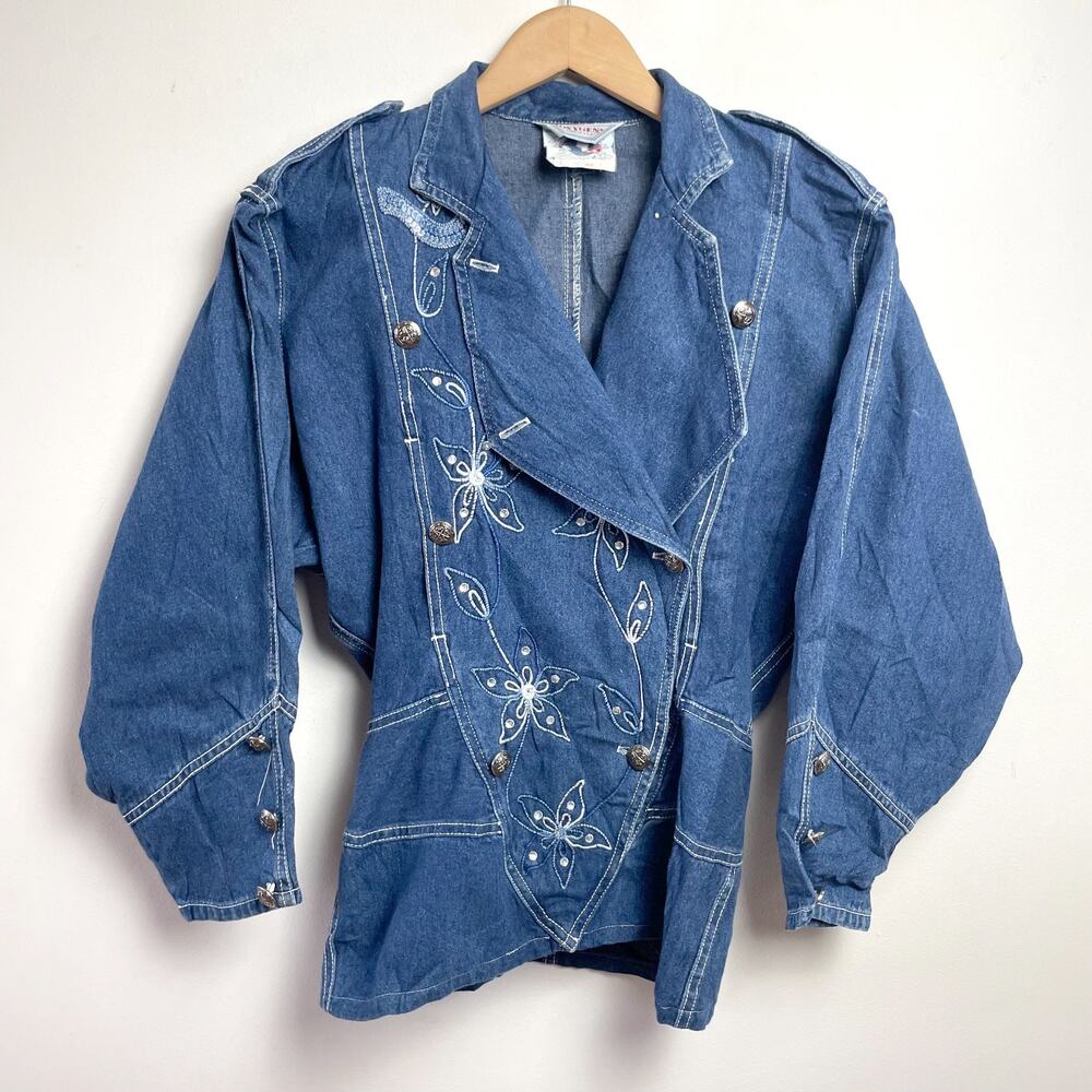 Vintage 80s Embroidered Denim Jacket Small Fitted Waist Glam Western Retro Indie